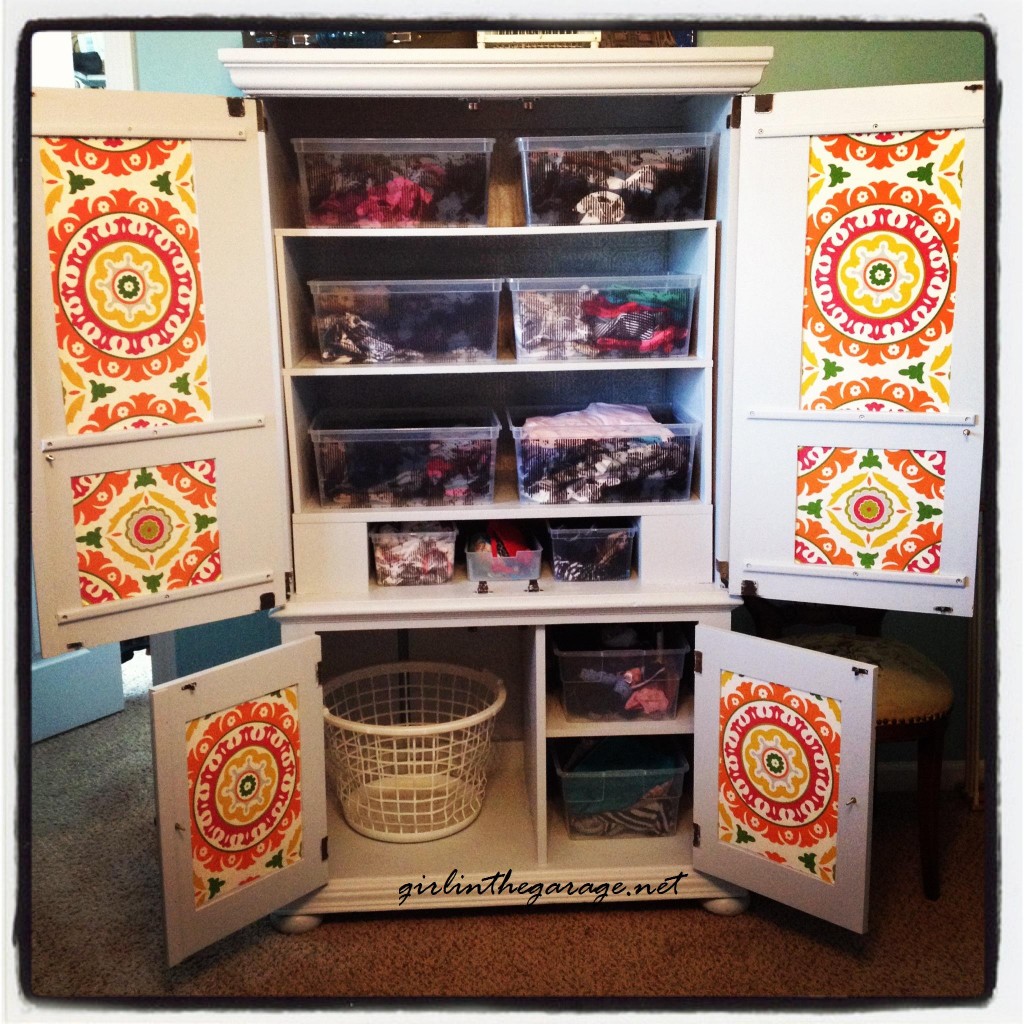 Drab-to-Fab Armoire Makeover: New paint, textured wallpaper, and a fabulous pop of color inside! I girlinthegarage.net