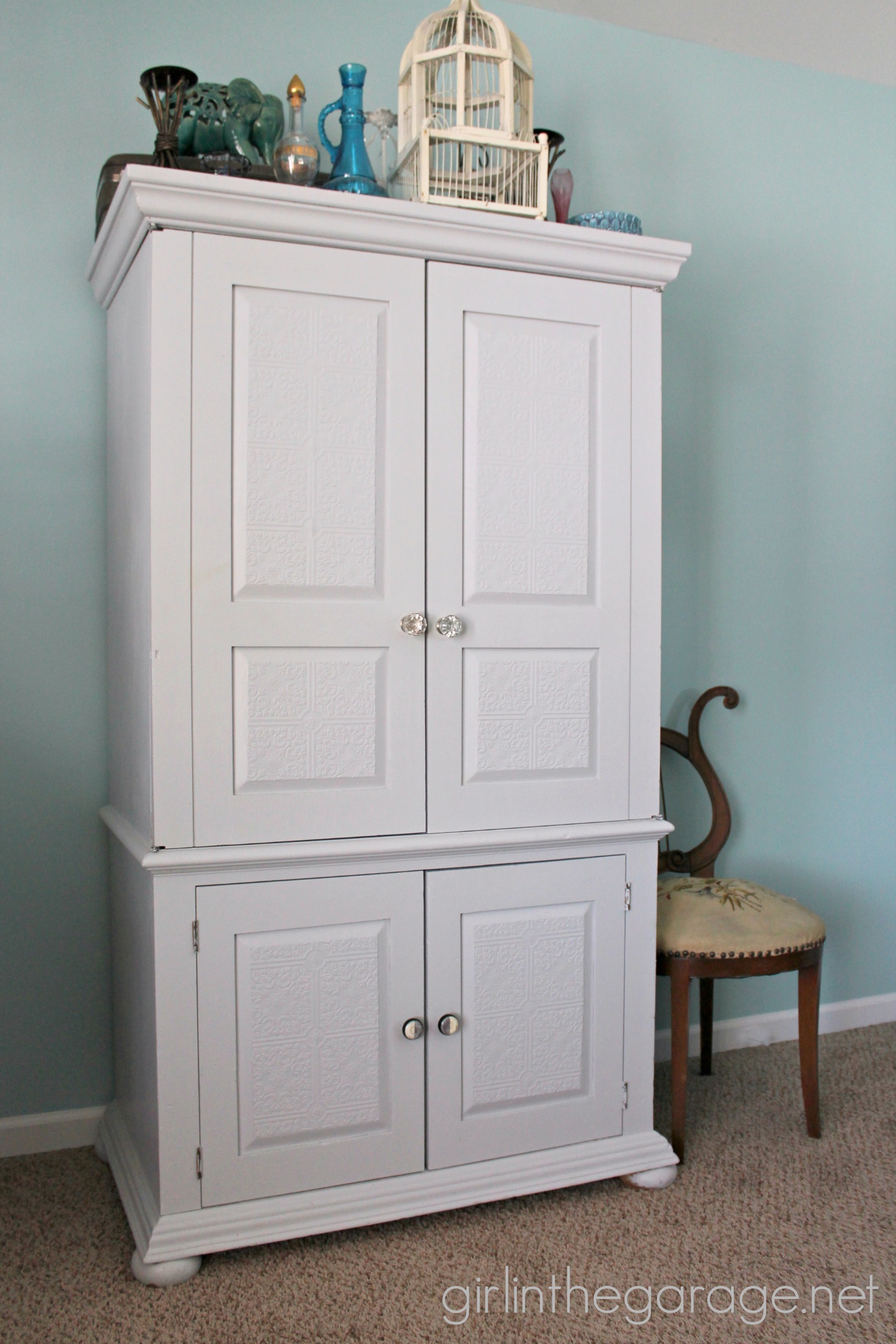 Wallpapered Armoire Makeover - Girl in the Garage