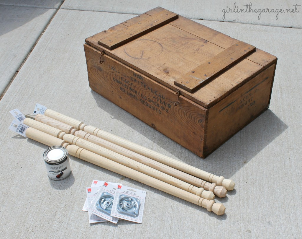 Upcycled old crate to "farmhouse chic" side table by adding legs and paint.  By Girl in the Garage