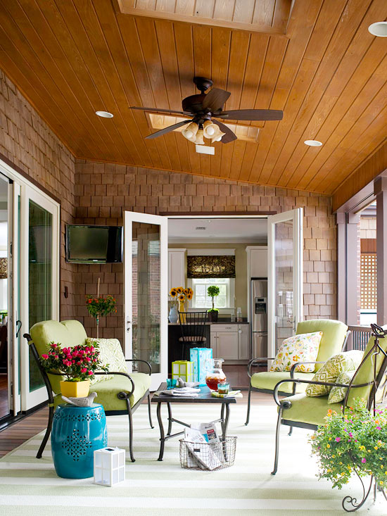 Porch with flatscreen TV {via Better Homes & Gardens}