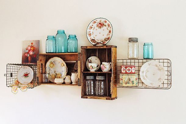 Vintage crate and wire basket shelves by A Sort of Fairytale