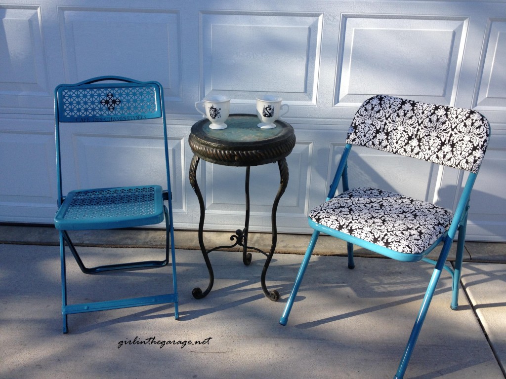 Painted and reupholstered folding chairs by Girl in the Garage