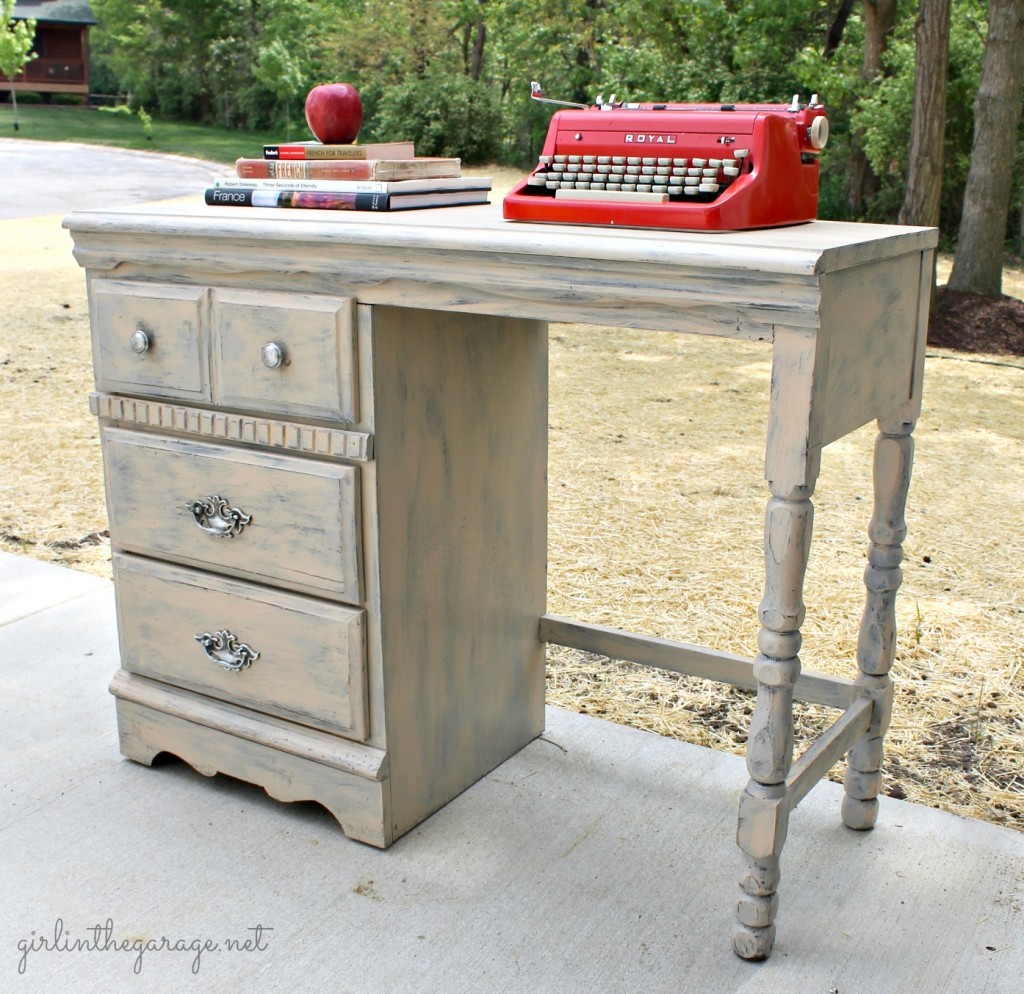 Vintage desk makeover by Girl in the Garage.  An old tattered yard sale desk was repaired and revived into something definitely worthy of bringing inside the house!  