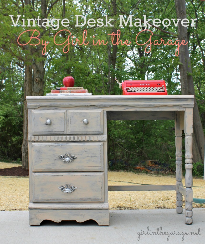 Vintage desk makeover by Girl in the Garage.  An old tattered yard sale desk was repaired and revived into something definitely worthy of bringing inside the house!  