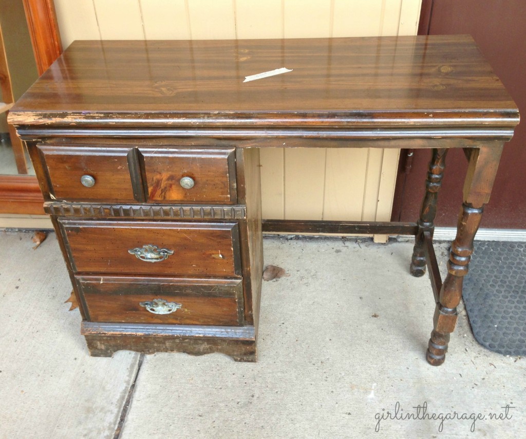 Vintage desk makeover by Girl in the Garage.  An old tattered yard sale desk was repaired and revived into something definitely worthy of bringing inside the house!  
