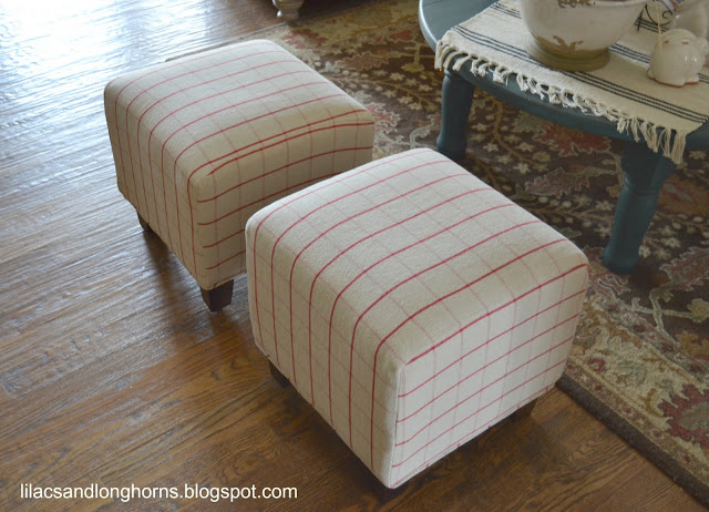 Reupholstered cube ottomans by Lilacs & Longhorns