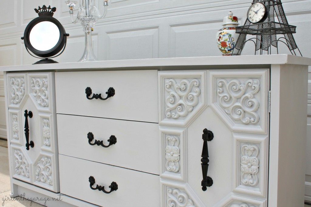 The Gray Dresser Makeover by Girl in the Garage.  This was someone's ugly broken trash before it was repaired and painted- what a beauty now!