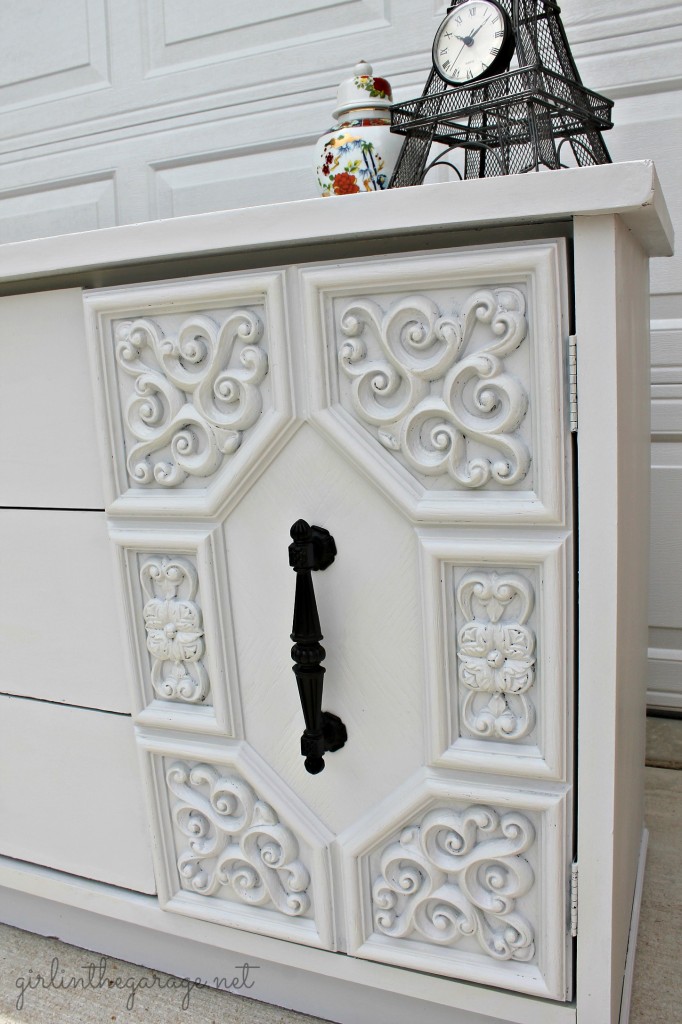 The Gray Dresser Makeover by Girl in the Garage.  This was someone's ugly broken trash before it was repaired and painted- what a beauty now!