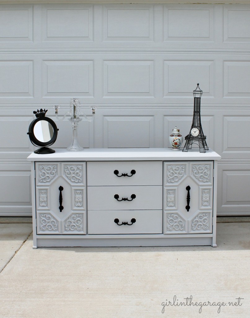 The Gray Dresser Makeover by Girl in the Garage.  This was someone's ugly broken trash before it was repaired and painted- what a beauty now!