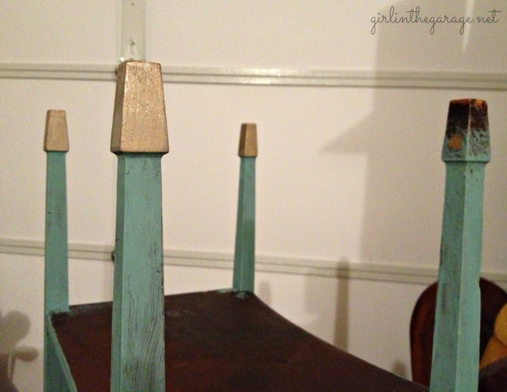 Annie Sloan chalk painted table with gold dipped feet.  Love this color!