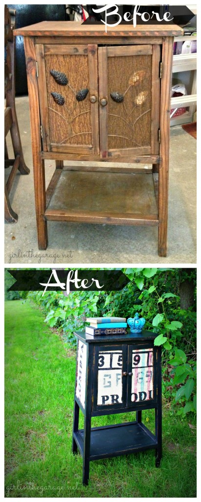 Accent table makeover using paint, Mod Podge, and burlap.  What a transformation!