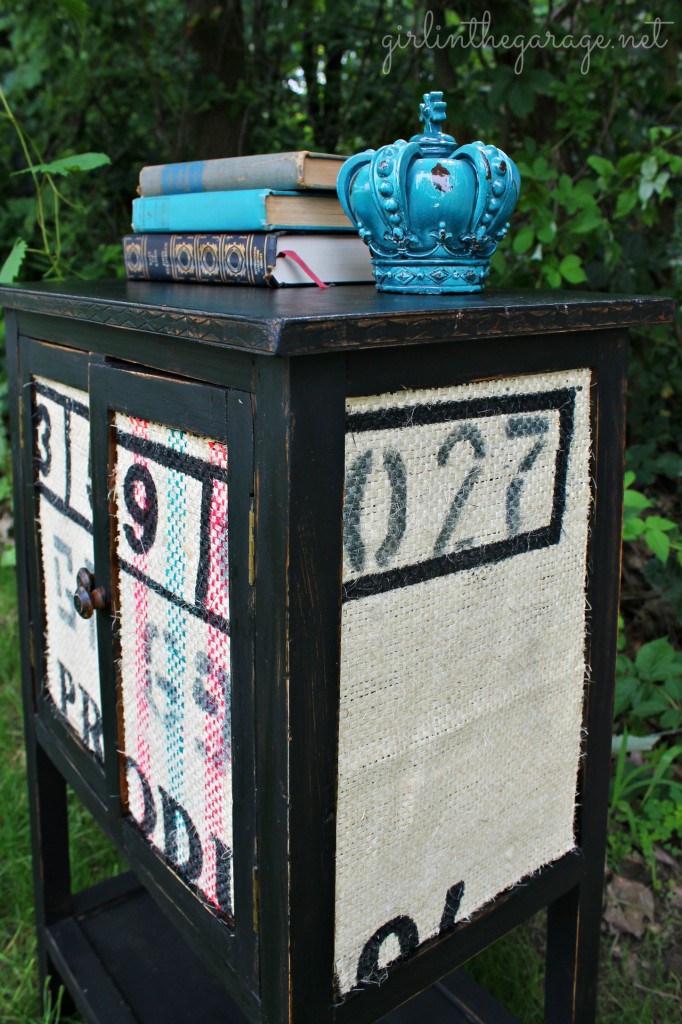 Accent table makeover using paint, Mod Podge, and burlap.  What a transformation!