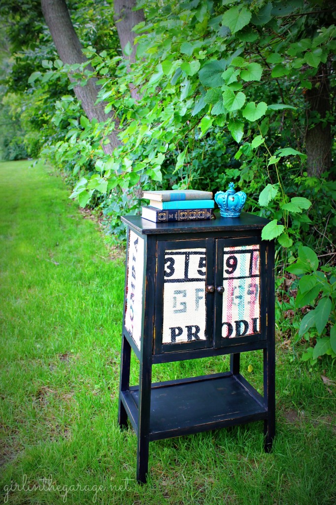 Accent table makeover using paint, Mod Podge, and burlap.  What a transformation!