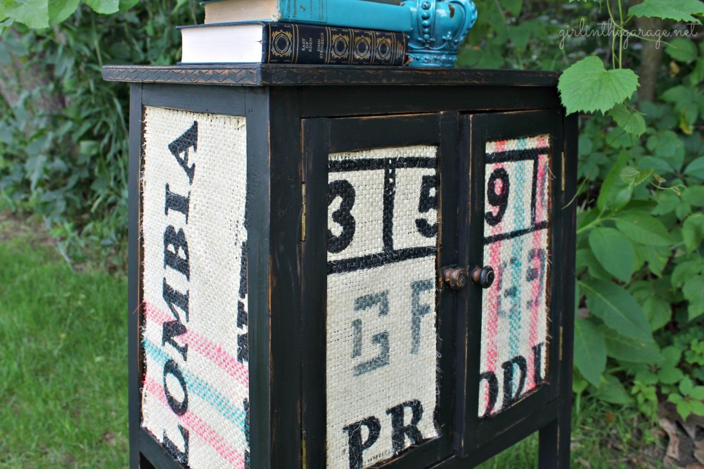 Accent table makeover using paint, Mod Podge, and burlap.  What a transformation!
