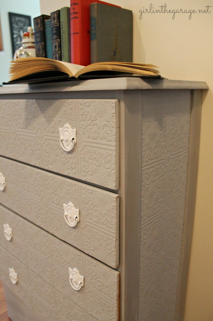 A plain dresser gets a makeover with paintable wallpaper, Annie Sloan Chalk Paint, and spray paint.