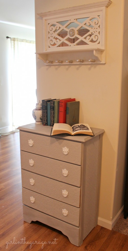 A plain dresser gets a makeover with paintable wallpaper, Annie Sloan Chalk Paint, and spray paint.