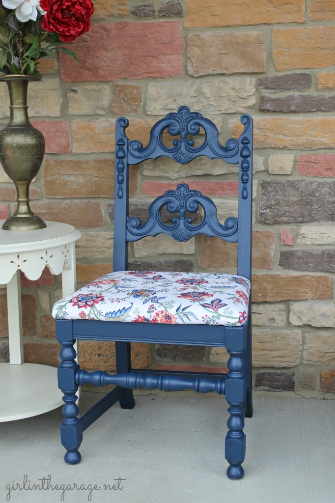 Blue chair makeover by Girl in the Garage.