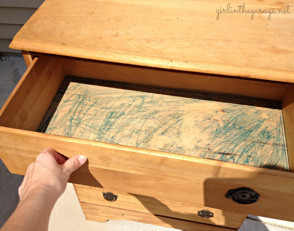 BEFORE:  A plain dresser gets a makeover with paintable wallpaper, Annie Sloan Chalk Paint, and spray paint.