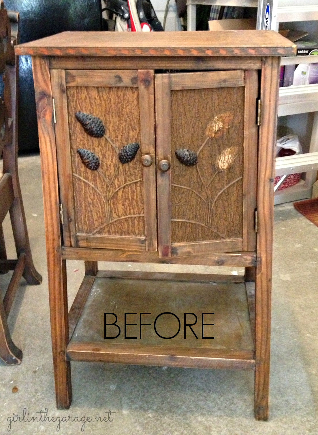 Cabinet makeover using paint, Mod Podge, and burlap - by Girl in the Garage Cabinet makeover using paint, Mod Podge, and burlap - by Girl in the Garage