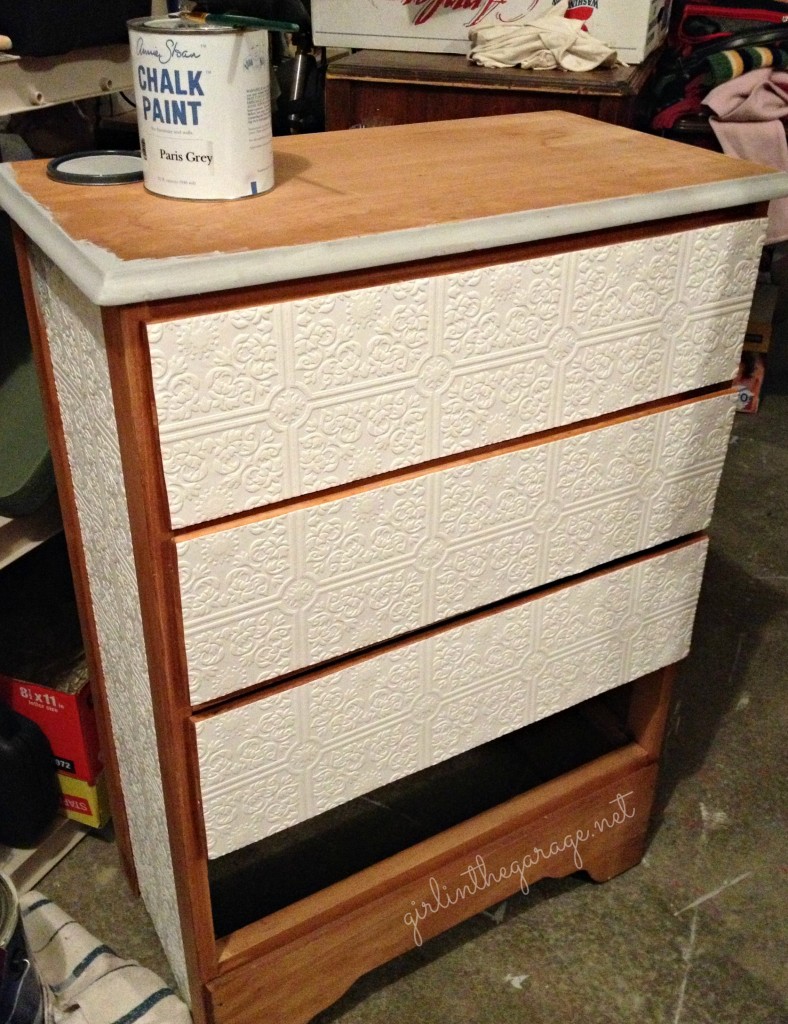 A plain dresser gets a makeover with paintable wallpaper, Annie Sloan Chalk Paint, and spray paint.