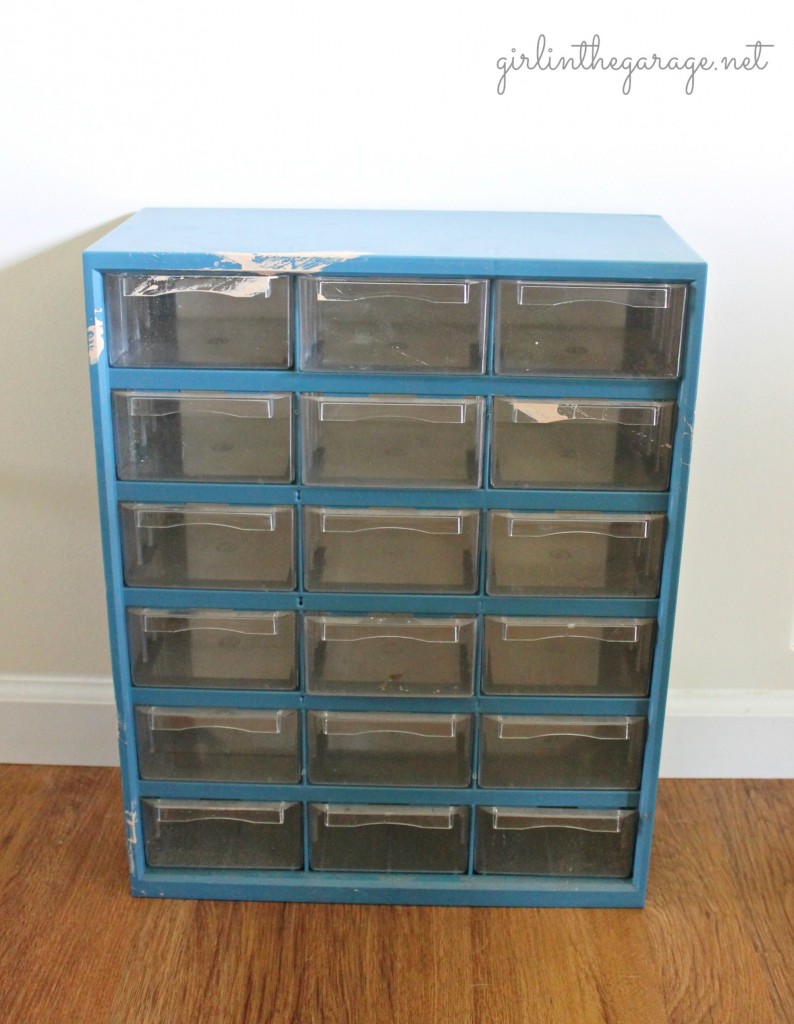 BEFORE: {Filthy to Fancy} Organizer Makeover. A dirty hardware organizer gets a fancy French makeover.