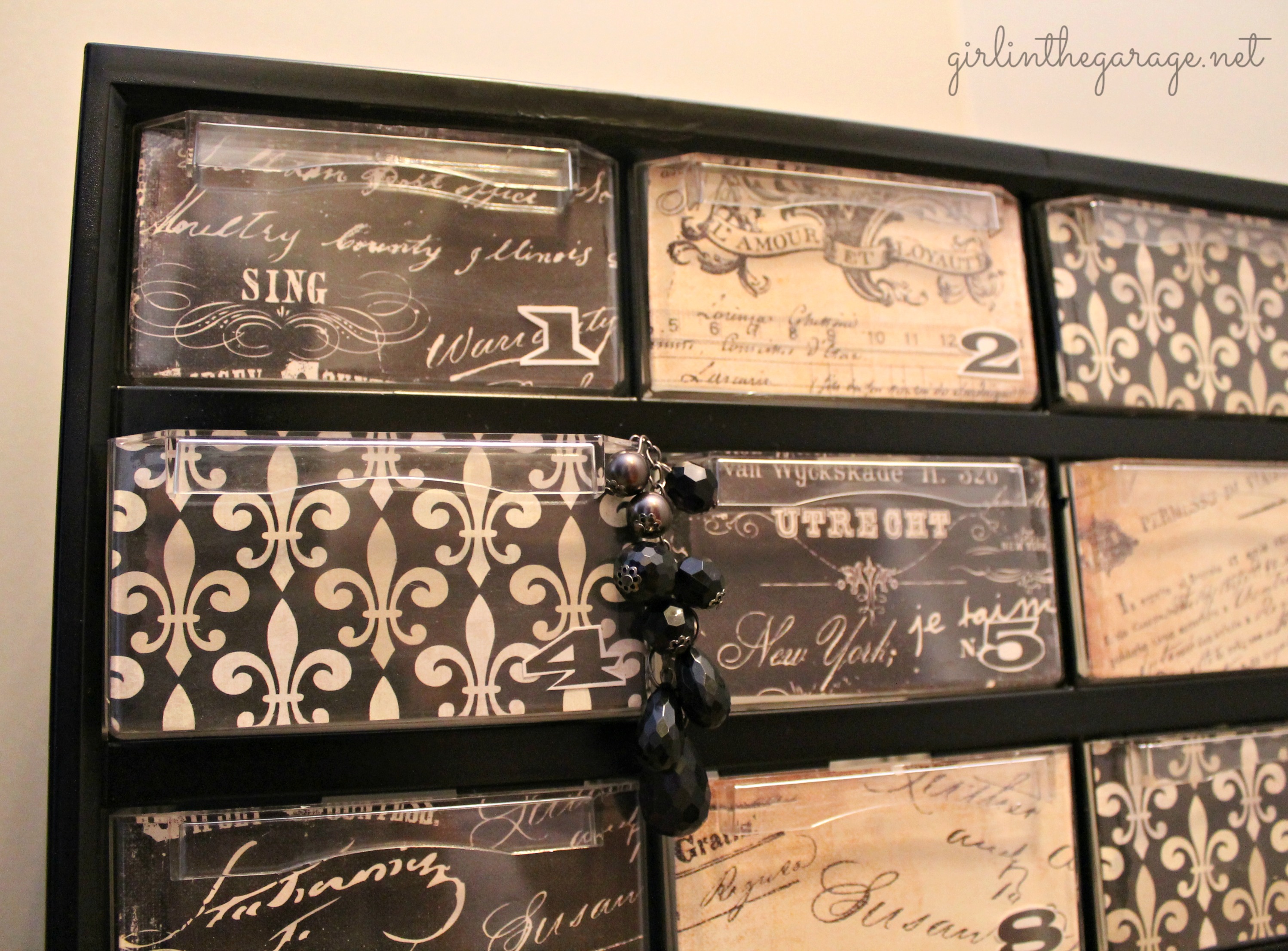 {Filthy to Fancy} Organizer Makeover. A dirty hardware organizer gets a fancy French makeover.