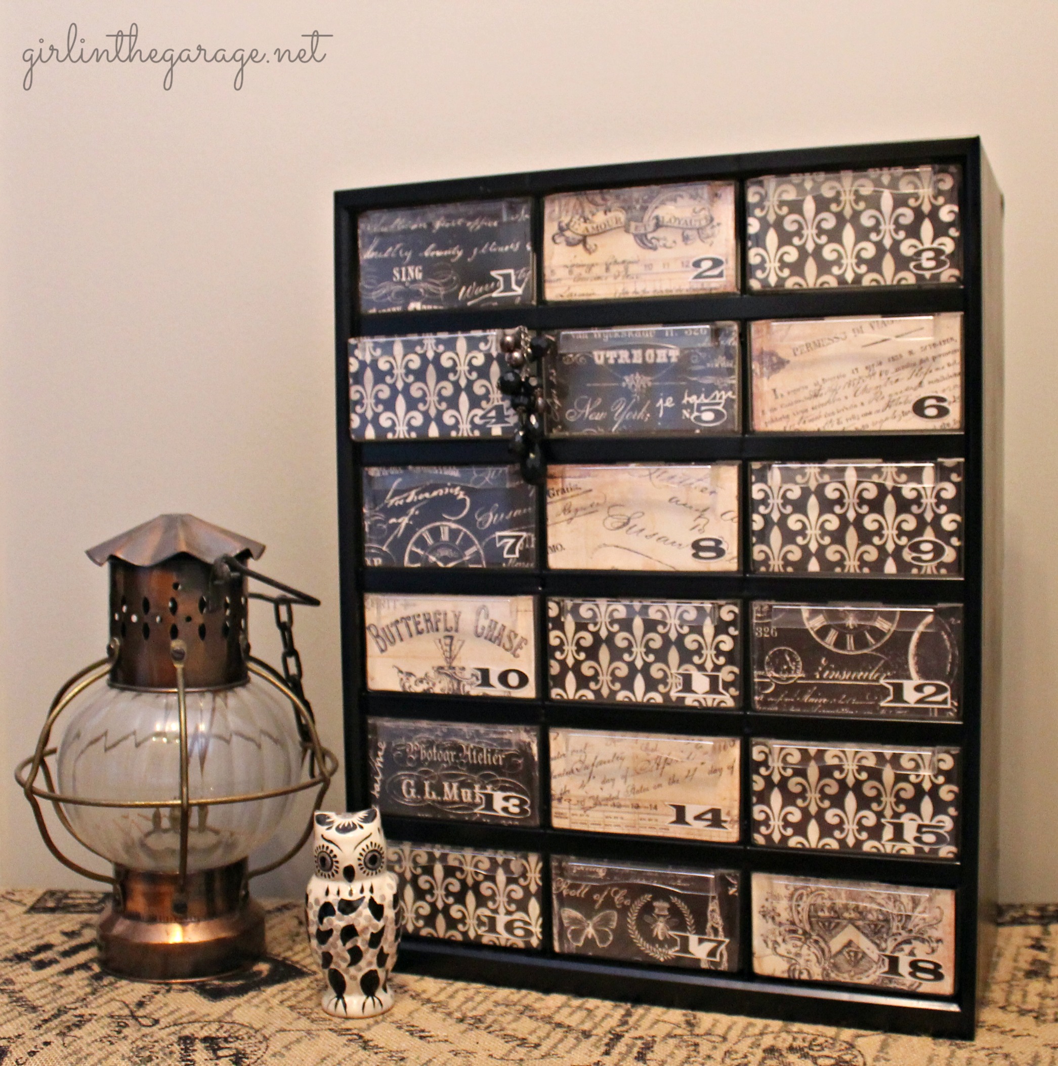 {Filthy to Fancy} Organizer Makeover. A dirty hardware organizer gets a fancy French makeover.