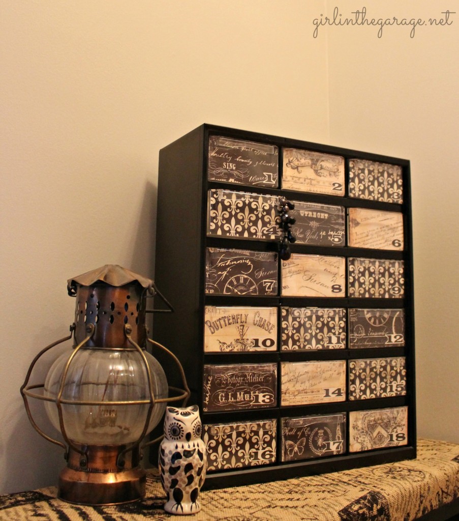 {Filthy to Fancy} Organizer Makeover. A dirty hardware organizer gets a fancy French makeover.