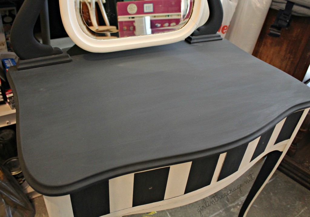 Gorgeous striped vintage vanity makeover with Annie Sloan Chalk Paint and wax. Also includes a review of Annie Sloan Chalk Paint products and advice.