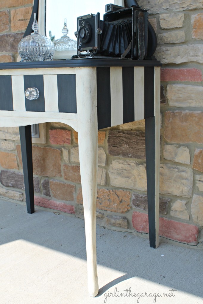 Gorgeous striped vintage vanity makeover with Annie Sloan Chalk Paint and wax. Also includes a review of Annie Sloan Chalk Paint products and advice.