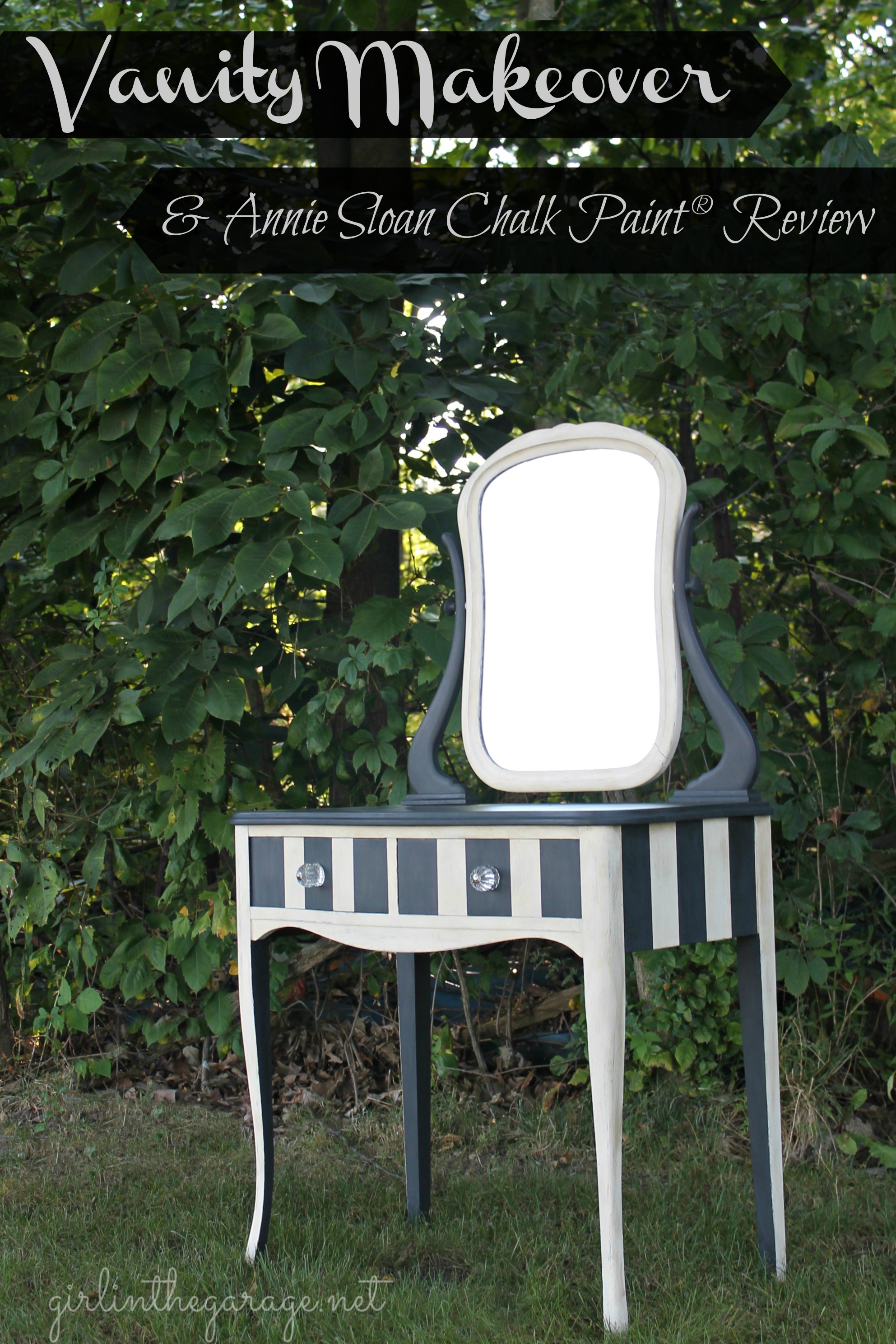 Gorgeous striped vintage vanity makeover with Annie Sloan Chalk Paint and wax. Also includes a review of Annie Sloan Chalk Paint products and advice.