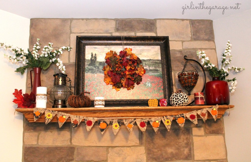 Easy DIY burlap banner and mantel decorated for fall. girlinthegarage.net