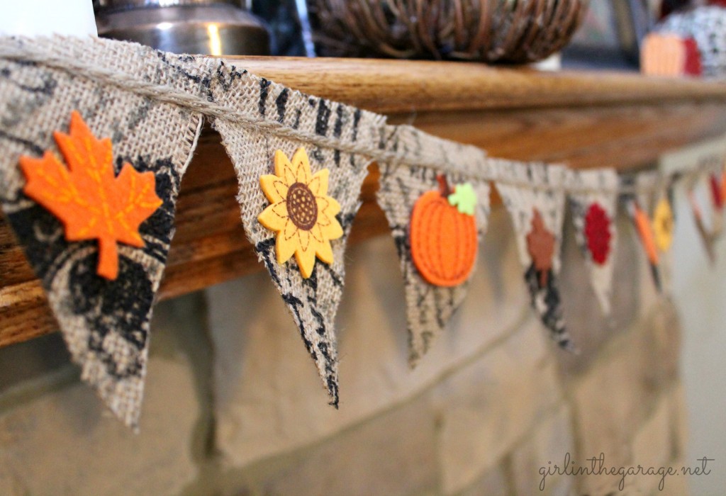 Easy DIY burlap banner and mantel decorated for fall. girlinthegarage.net