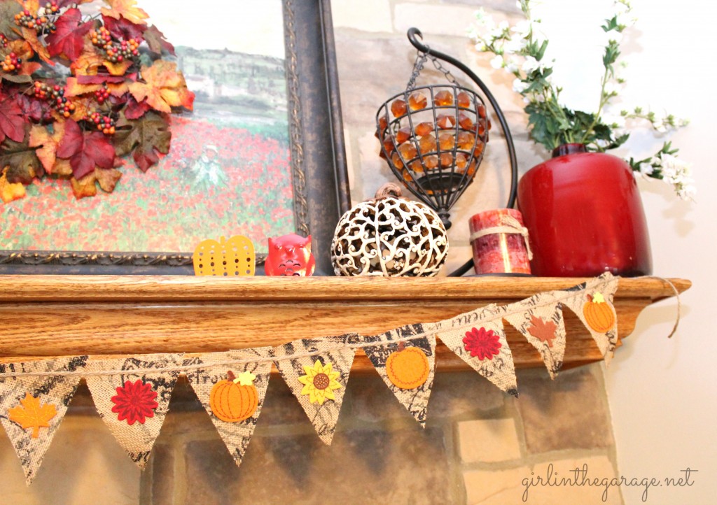 Easy DIY burlap banner and mantel decorated for fall. girlinthegarage.net