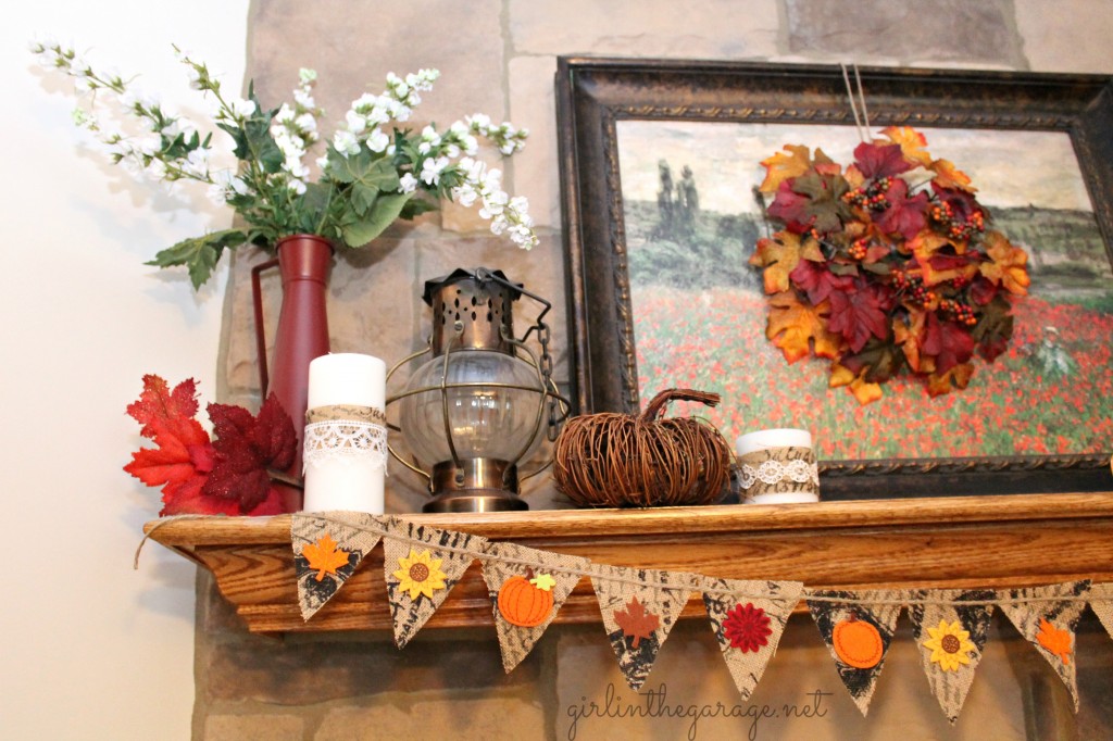 Easy burlap banner and mantel decorated for fall. girlinthegarage.net