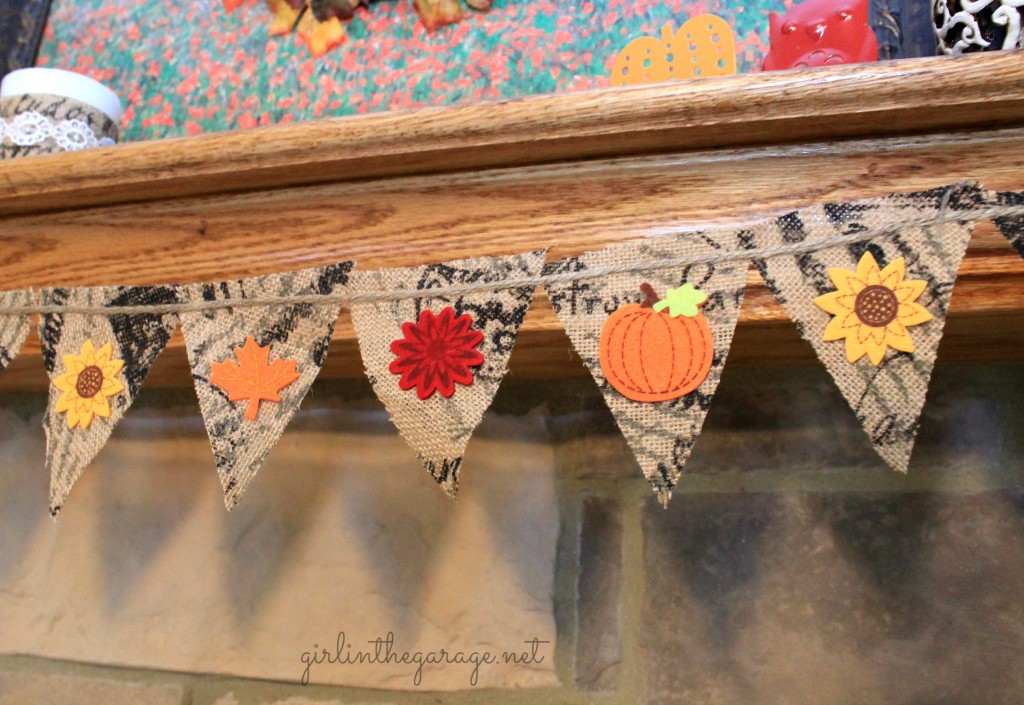 Easy DIY burlap banner and mantel decorated for fall. girlinthegarage.net