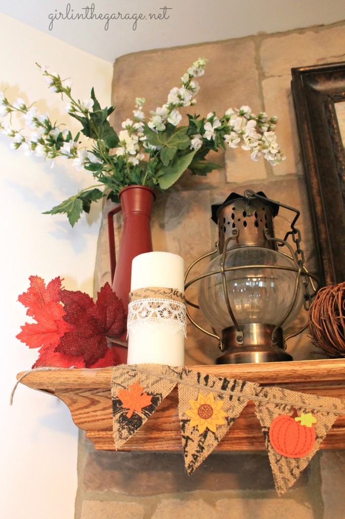 Easy DIY burlap banner and mantel decorated for fall. girlinthegarage.net