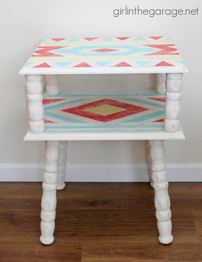 Inspiration for small table makeovers using paint, stencils, image transfer, decoupage, and more.  girlinthegarage.net