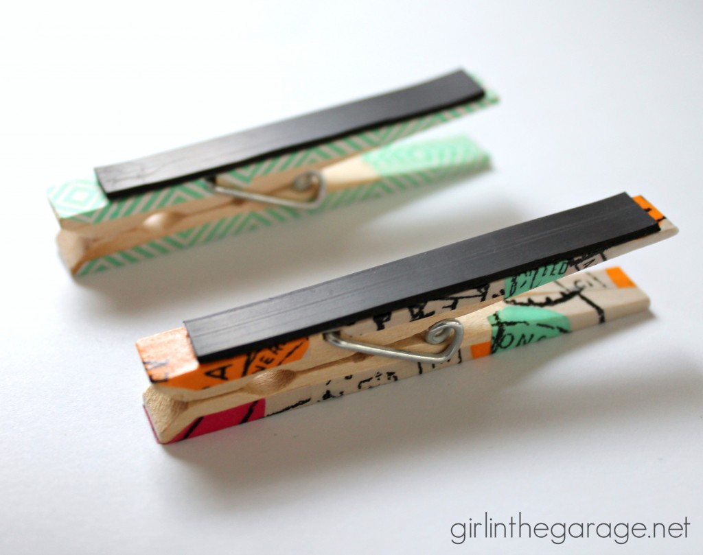 Add some personality to ordinary clips and magnets with washi tape!  girlinthegarage.net