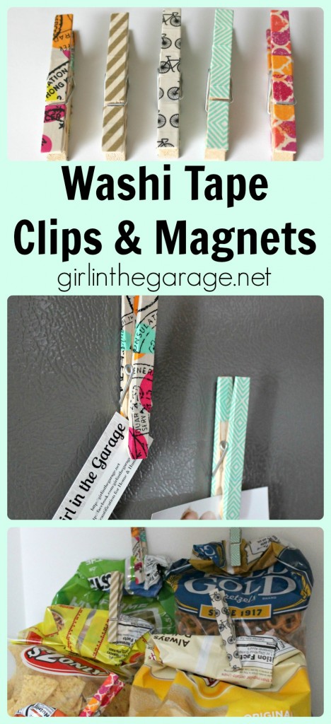 Add some personality to ordinary clips and magnets with washi tape!  girlinthegarage.net