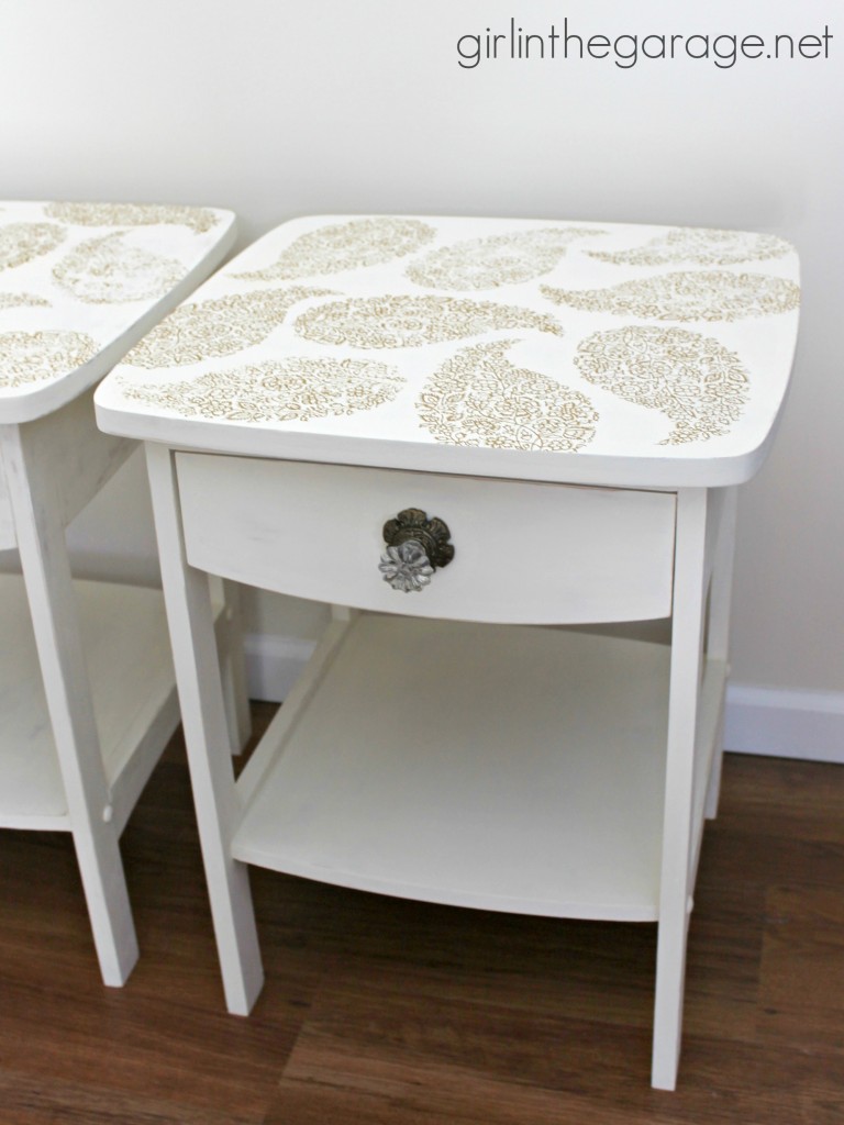 Inspiration for small table makeovers using paint, stencils, image transfer, decoupage, and more.  girlinthegarage.net