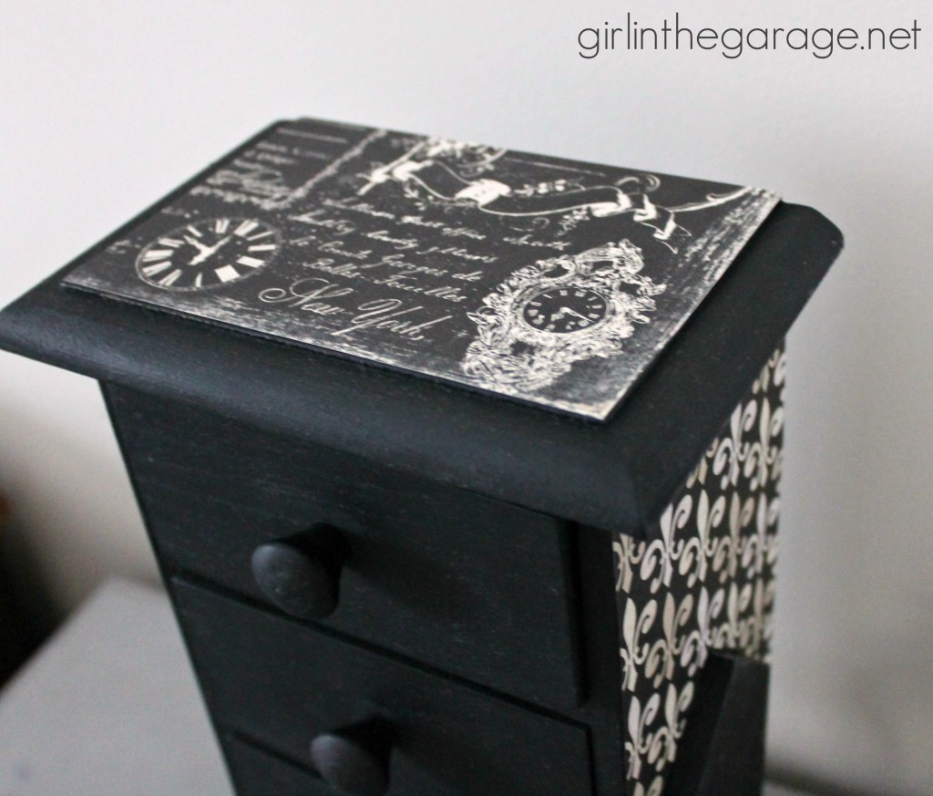 Trinket box makeover with paint and decoupage.  girlinthegarage.net