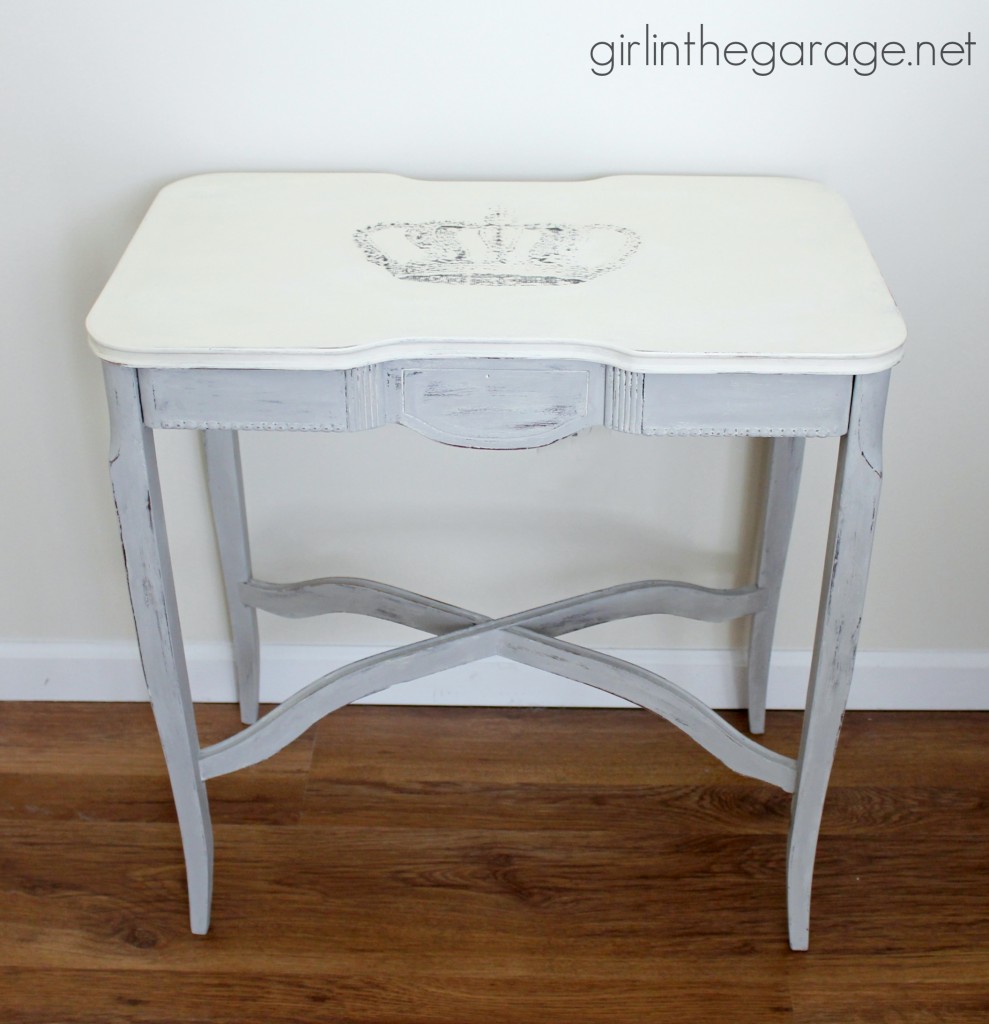 Inspiration for small table makeovers using paint, stencils, image transfer, decoupage, and more.  girlinthegarage.net