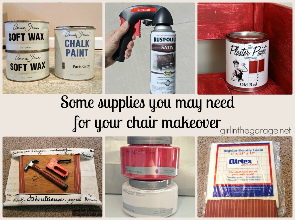 Supplies for a chair makeover.  girlinthegarage.net