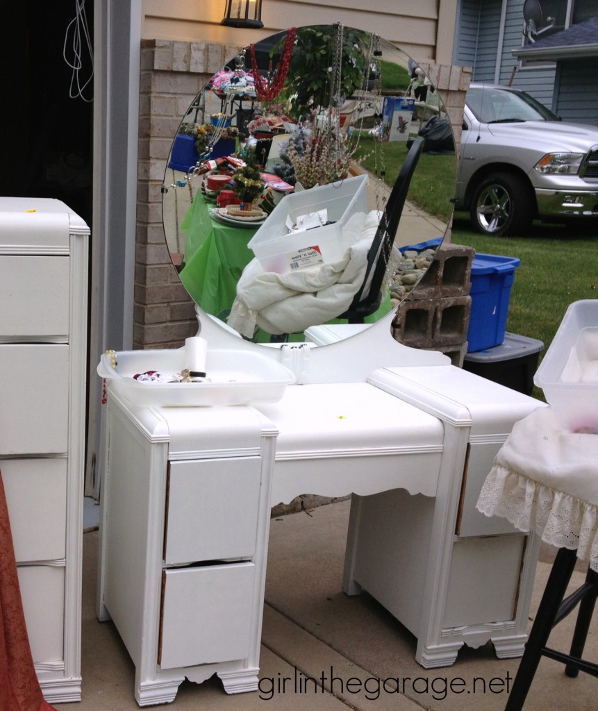 Bright white and yellow waterfall vanity makeover with Annie Sloan Chalk Paint and stenciled peekaboo drawers. Painted furniture ideas by Girl in the Garage