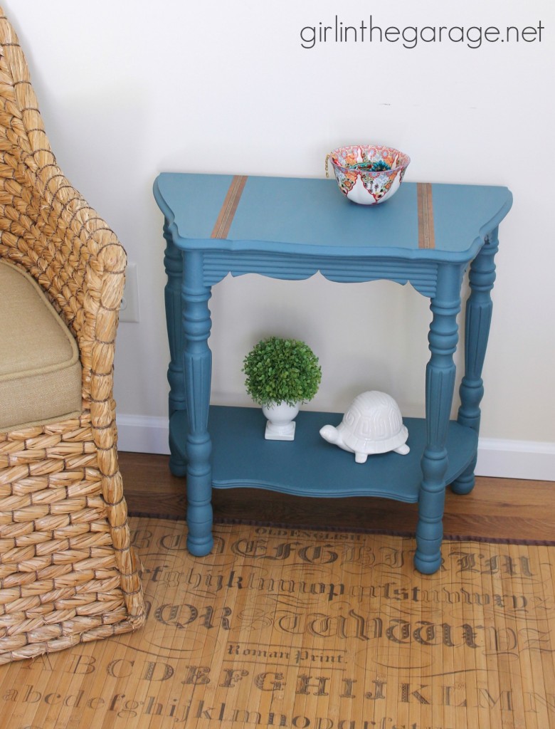 Vintage demilune table makeover with Annie Sloan Chalk Paint in Aubusson Blue.  girlinthegarage.net