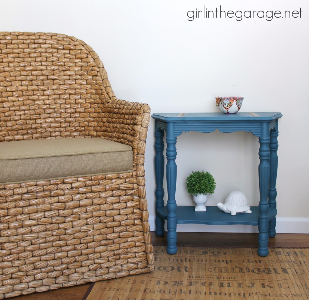 Vintage demilune table makeover with Annie Sloan Chalk Paint in Aubusson Blue.  girlinthegarage.net