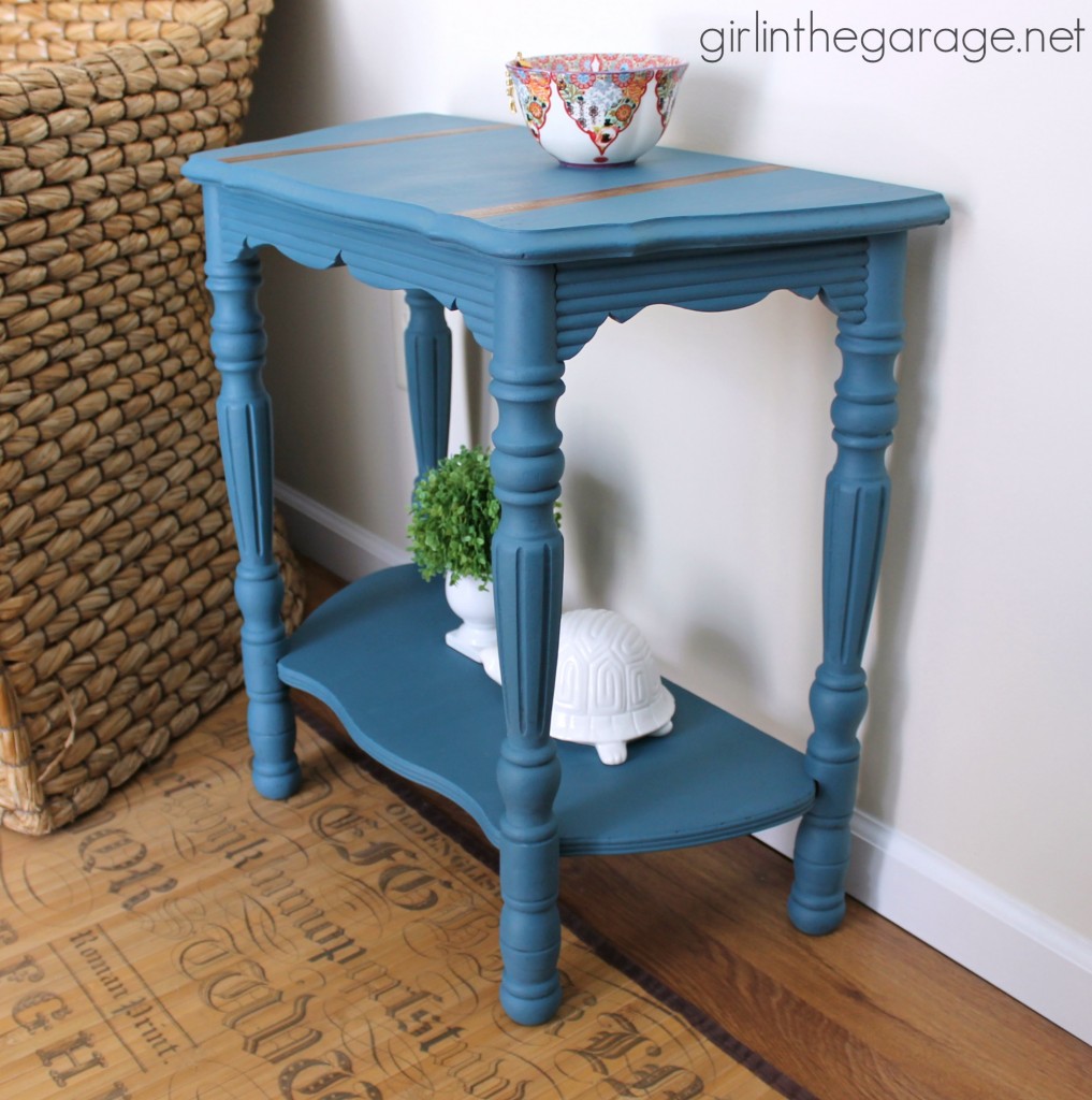 Vintage demilune table makeover with Annie Sloan Chalk Paint in Aubusson Blue.  girlinthegarage.net