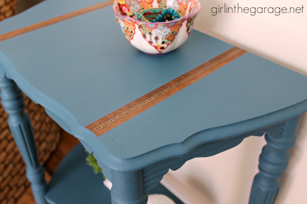 Vintage demilune table makeover with Annie Sloan Chalk Paint in Aubusson Blue.  girlinthegarage.net