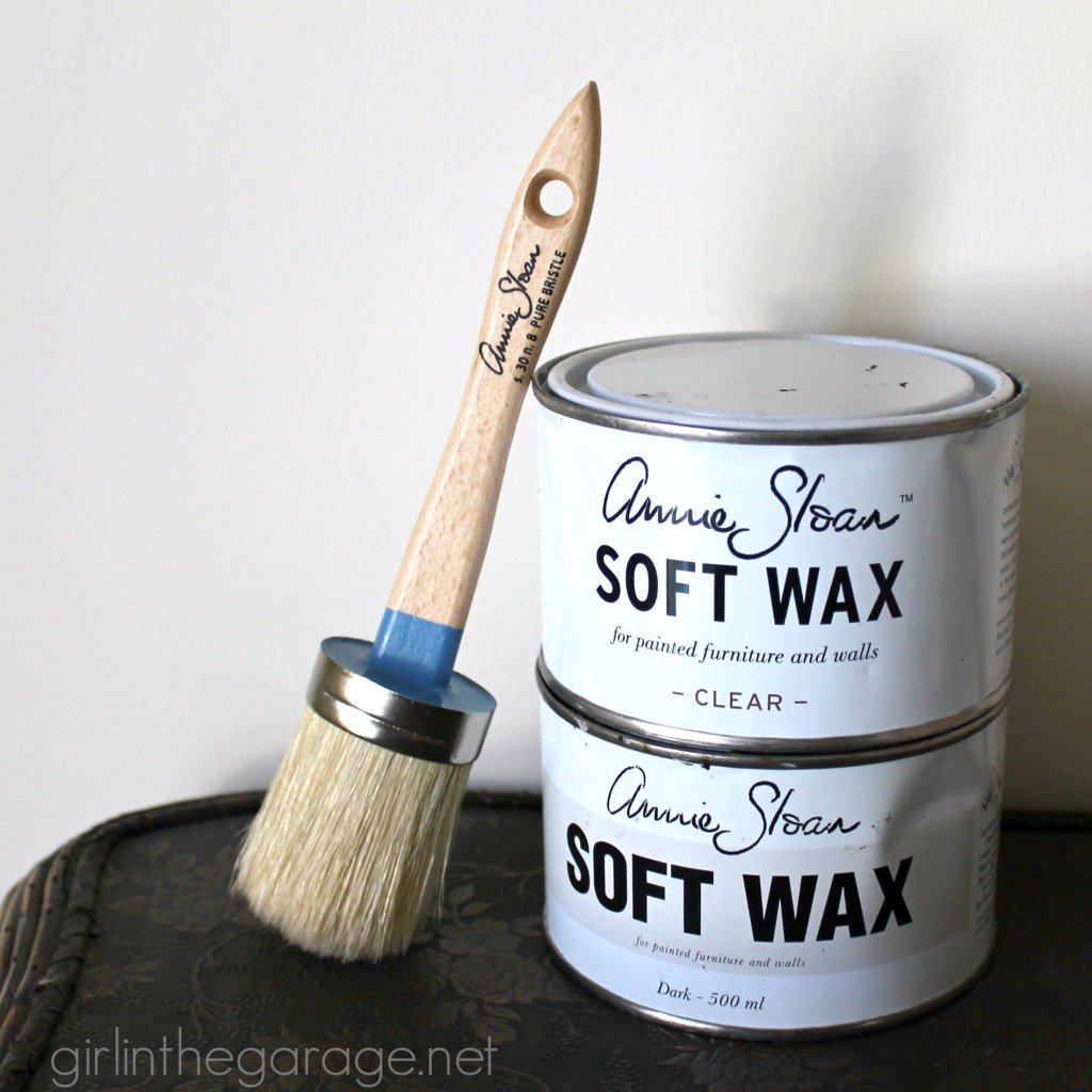 Nailhead vanity makeover and Annie Sloan wax brush review. By Girl in the Garage